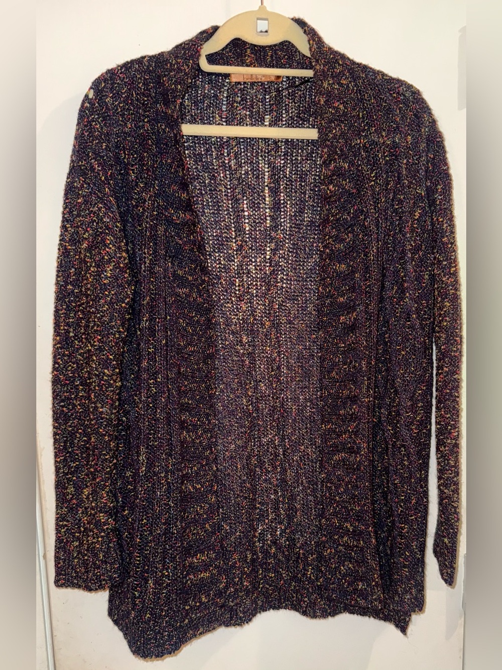 Belldini Open Front Cardigan w/distinct multi-colored "confetti" threads knit.